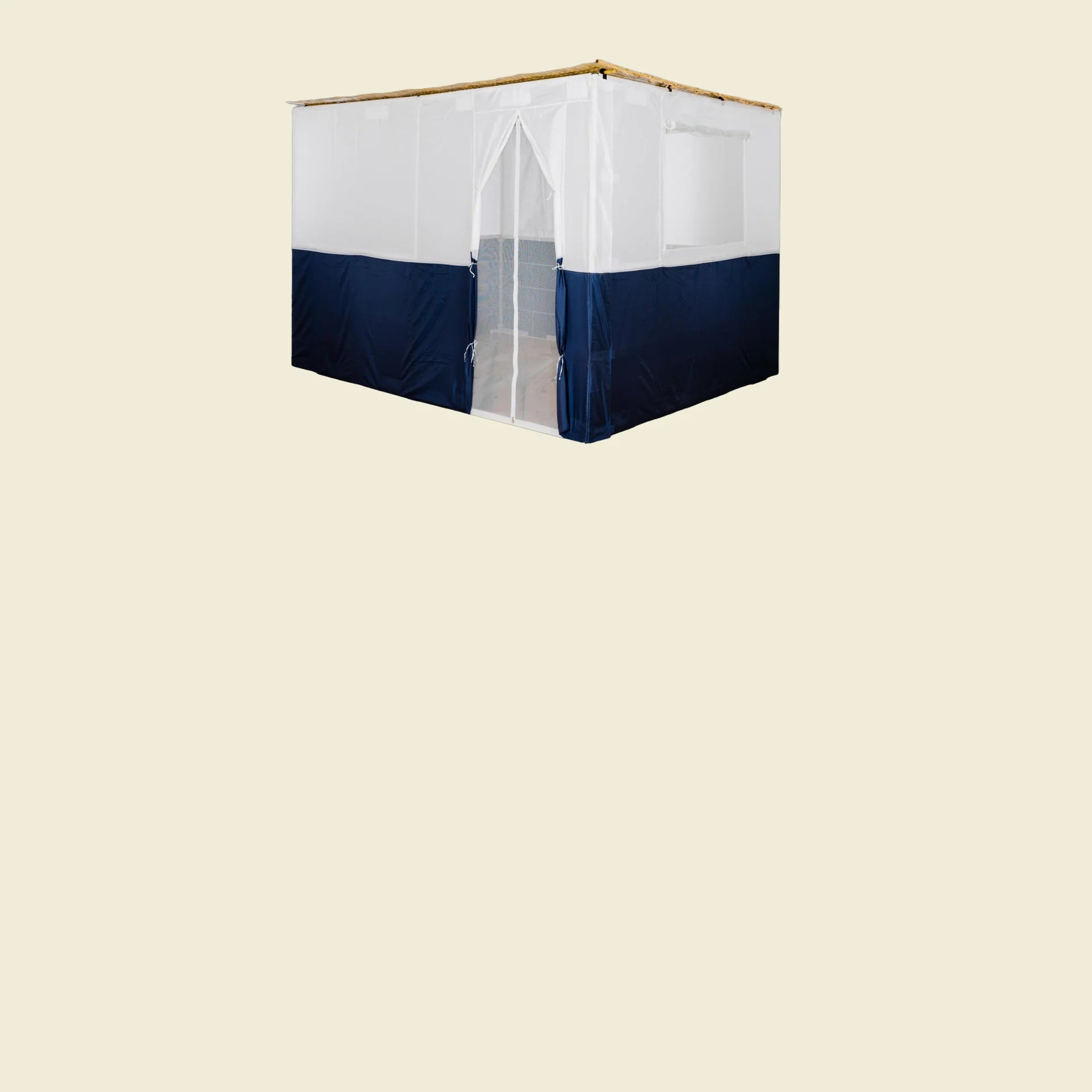 Standard sukkah kit for Sukkot 2025 with navy and white walls and bamboo schach – easy to assemble and kosher-certified.