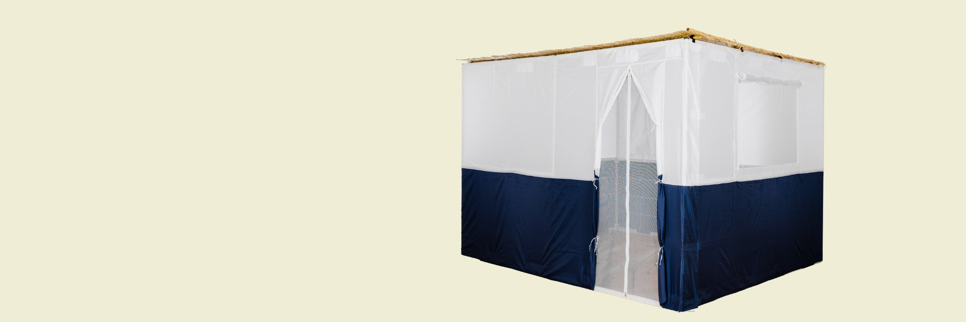 Sukkot 2025 sukkah with bamboo schach roof and navy walls, featuring a mesh entryway and weather-resistant panels.