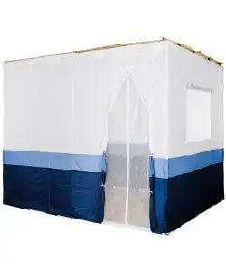 Durable sukkah for apartment balcony or backyard – Sukkot 2025 sukkah kit with white, blue, and light blue panels.