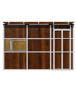 Custom panel sukkah with wood-grain walls and white frame – premium structure for Sukkot 2025 outdoor dining needs.