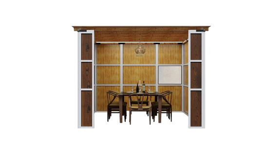 Stylish wood-paneled sukkah with open front, featuring a festive Sukkot table setup for dining and celebration.