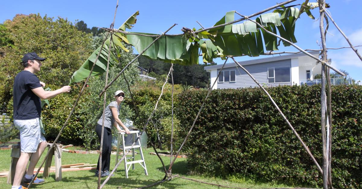 Building a sukkah with bamboo poles and traditional materials to ensure sufficient shade for Sukkot observances.