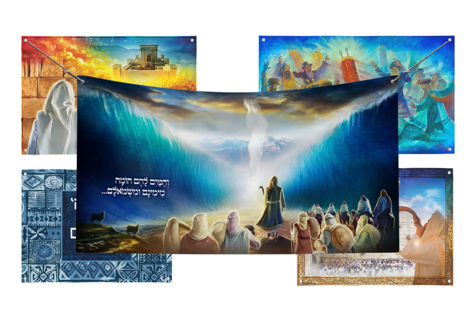 Vibrant Sukkot wall decorations featuring biblical scenes and inspirational art for enhancing your sukkah interior. 