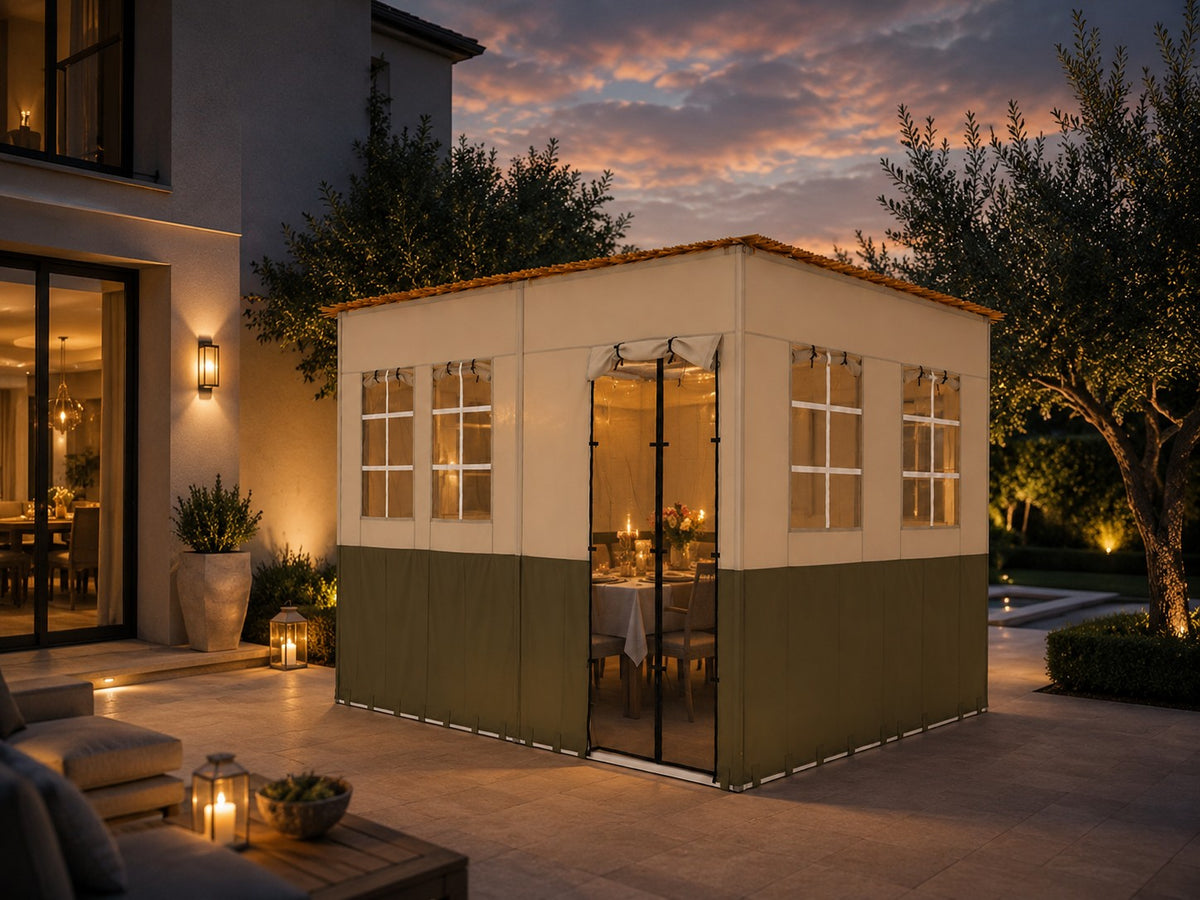 Emerald sukkah on a patio at dusk - Sukkah Market